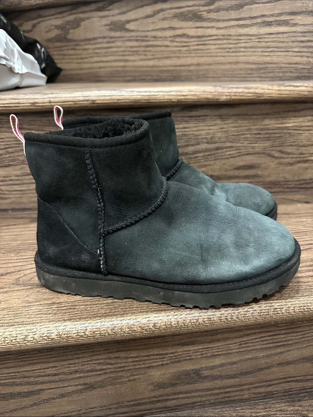 UGG Classic Mini II Black Suede Graphic Pink Logo Ankle Boots